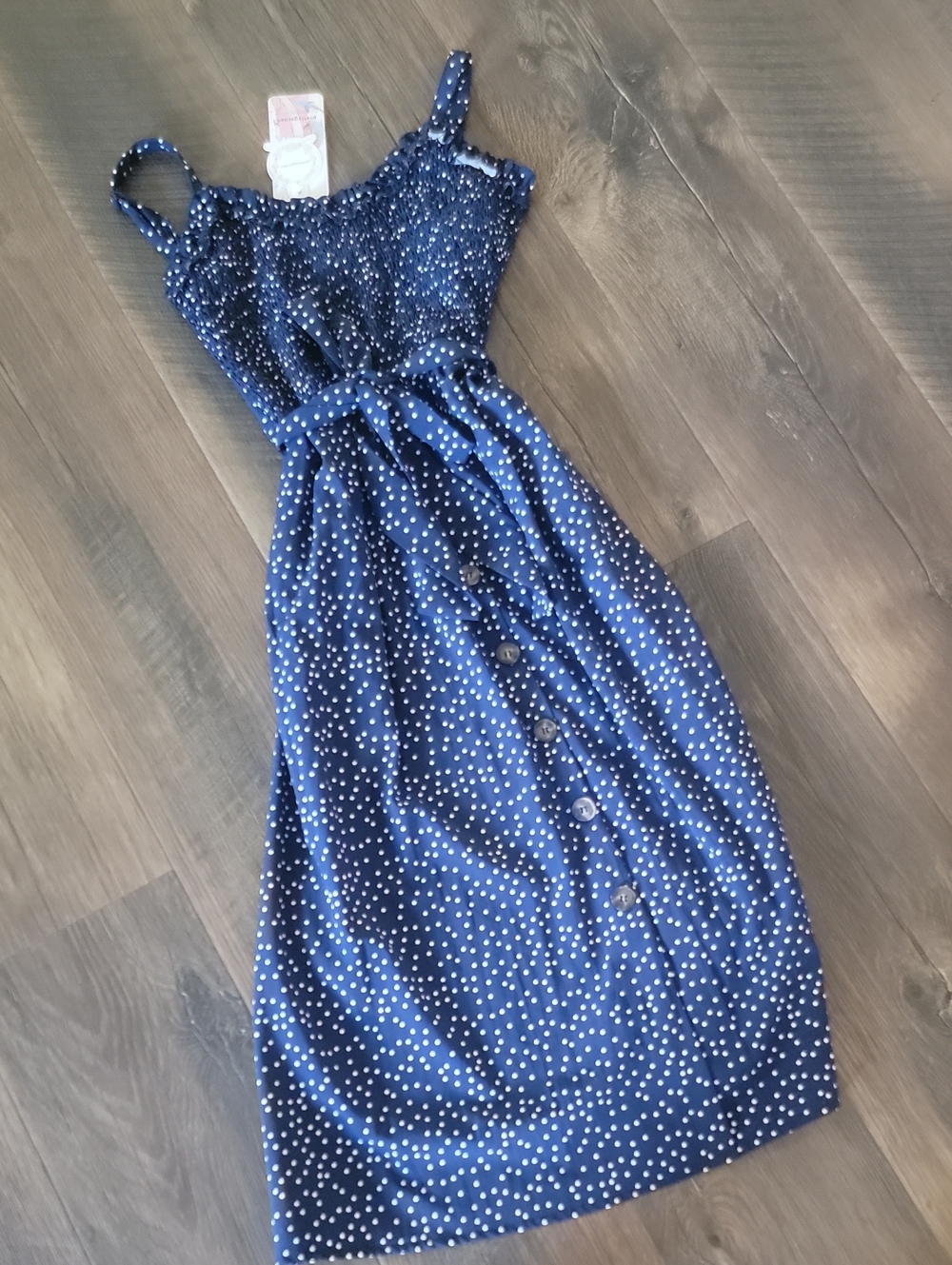 NWT Navy Blue Polka Dot Button Down Sundress with Belt & Adjustable Straps